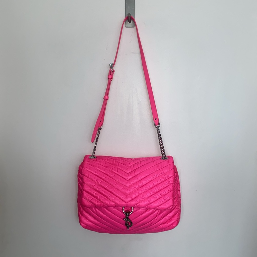Rebecca Minkoff Edie Nylon Jumbo Flap Shoulder Bag Hot Pink - Picture 3 of 8